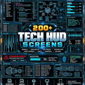 Puede incluir: Una colección digital de más de 200 pantallas HUD tecnológicas con elementos de interfaz azul brillante, editores de código, mapas de topología de red, barras de estado del sistema, diagnósticos de terminal y flujos de datos sobre fondo oscuro.