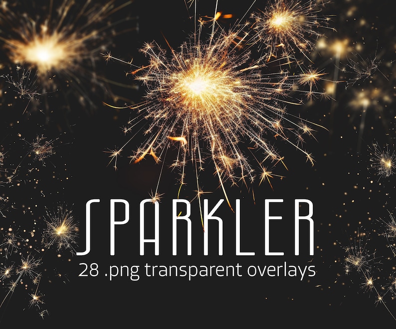 Sparkler overlays in transparent PNG format for Photoshop and other design software. Add realistic celebratory spark effects to party photos, wedding edits, holiday designs, and digital scrapbooking projects. Ideal for New Year’s or 4th of July visuals.