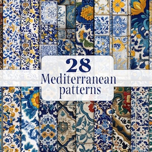 May include: A collection of 28 Mediterranean patterns in various tile designs. The tiles feature floral and geometric motifs in shades of blue, yellow, and white. The image includes the text "28 Mediterranean patterns".