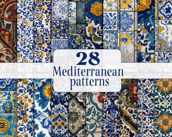 Puede incluir: Una colección de 28 patrones mediterráneos presentados como baldosas. Los diseños incorporan elementos florales y geométricos en tonos azules, amarillos y blancos. La imagen incluye el texto "28 patrones mediterráneos".