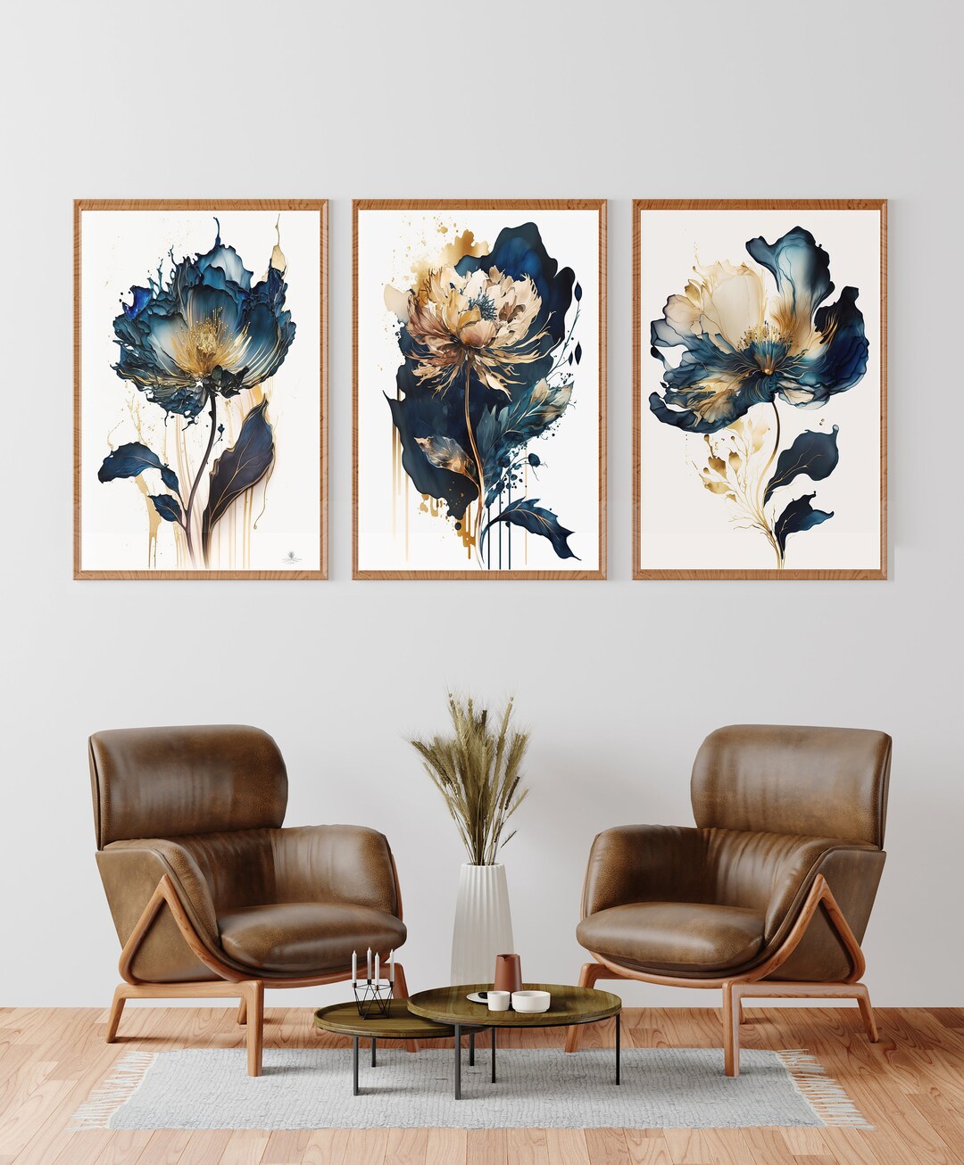 Blue and Gold Floral Art Prints: Elegant Oil Painting Style (digital ...