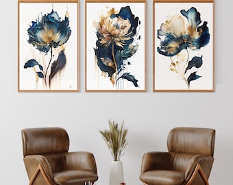 Set of 3 floral paintings, Printable flower art, Blue and gold artwork, Elegant floral decor, Oil painting style, Printable wall art