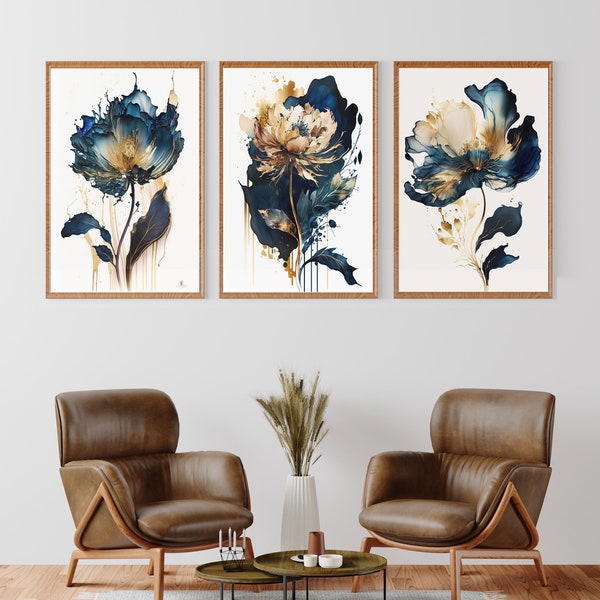 Set of 3 floral paintings, Printable flower art, Blue and gold artwork, Elegant floral decor, Oil painting style, Printable wall art