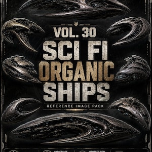 May include: A digital reference pack cover titled VOL. 30 SCI FI ORGANIC SHIPS. The dark, textured background features seven distinct, metallic, curved spacecraft designs with intricate, layered, and weathered surface details in shades of bronze.