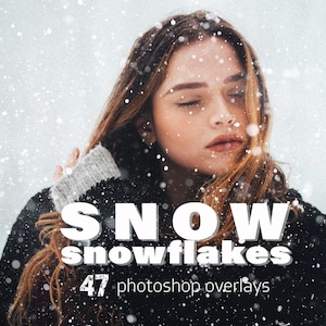 May include: A woman with long brown hair in a snowy scene. The image has the text "SNOW snowflakes 47 photoshop overlays" in white. The woman is wearing a black coat and a scarf.
