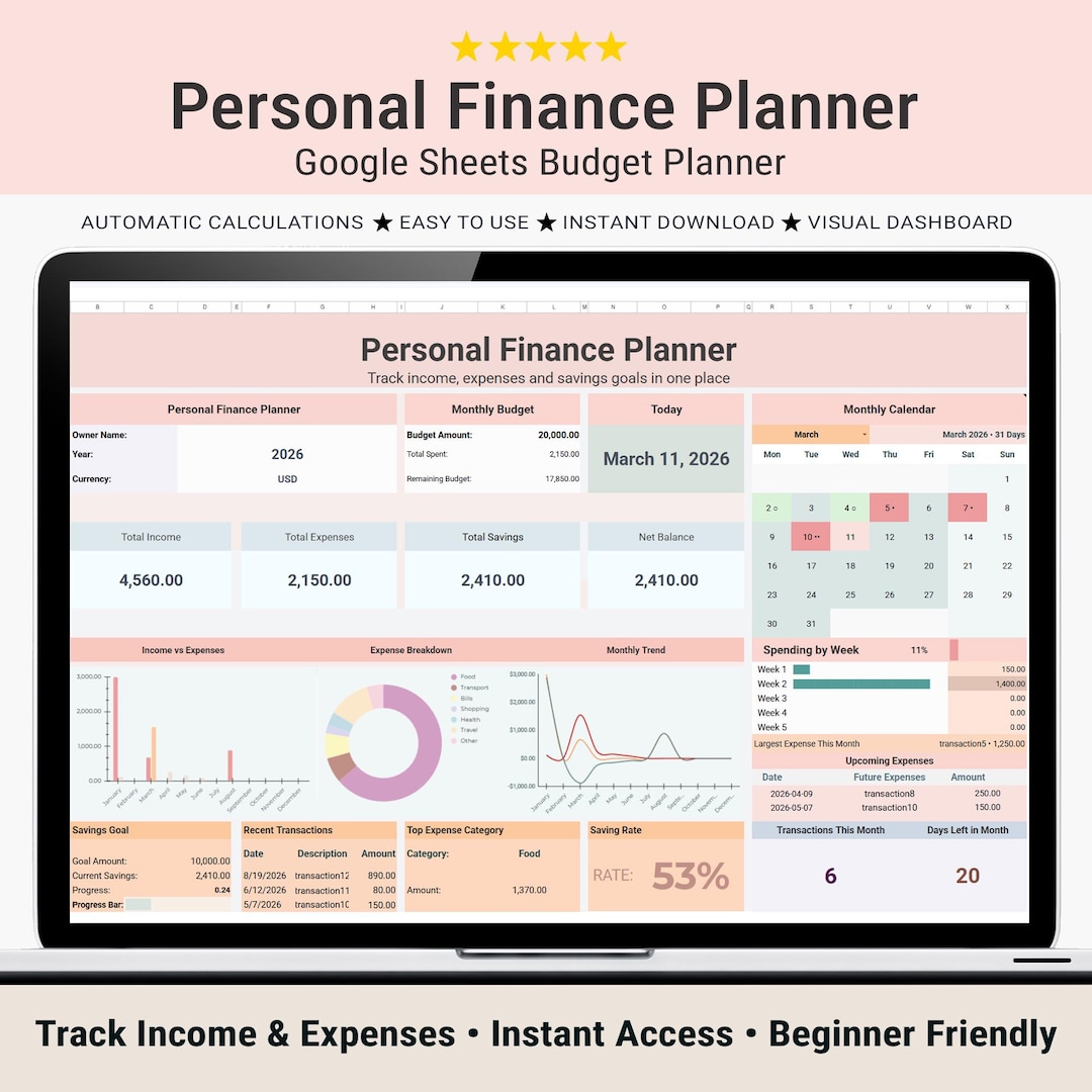 Budget Planner Google Sheets Finance Tracker Spreadsheet Expense ...