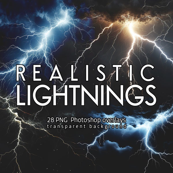 Lightning overlays for Photoshop, Transparent PNG lightning effects, Realistic lightning, Photo enhancements, Striking lightning overlays