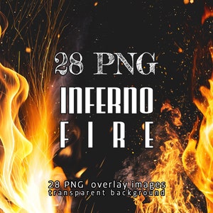 May include: 28 PNG images of inferno fire with a transparent background. The images feature flames in various shapes and sizes, with a black background.