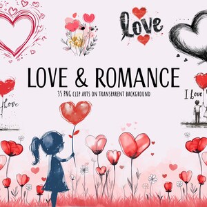 Beautiful Valentine Clipart Bundle, Watercolor Clipart, Valentines PNG, Transparent Clipart, Heart, Valentine, Love Day, Tulips, Romance
