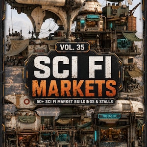 Może przedstawiać: Cyfrowa kolekcja zatytułowana Vol. 35 Sci Fi Markets zawierająca ponad 50 budynków i straganów targowych w stylu science fiction. Obraz przedstawia szczegółowe, zwietrzałe, wielopoziomowe konstrukcje z jasnoniebieskimi znakami i towarami.