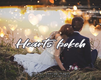 May include: A couple sitting in a field with a lake in the background. The image is overlaid with heart-shaped bokeh lights. The text "Hearts bokeh" is written in white on a black background.