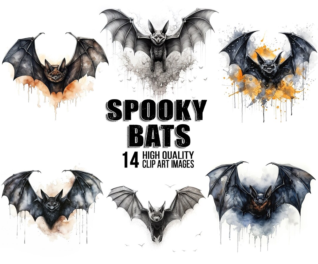 Spooky Bat Clipart, Halloween Watercolor Illustration, Creepy Bat Graphics, High Quality JPG for