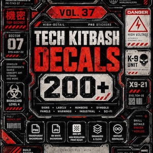 Könnte beinhalten: Eine digitale Sammlung von über 200 Tech-Kitbash-Aufklebern mit industriellen, Sci-Fi- und militärischen Grafiken. Das Design zeigt roten und weißen Text auf einem dunklen, abgenutzten Hintergrund mit Warnschildern, Biohazard-Symbolen und Etiketten.