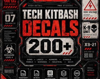 Tech Kitbash Decals Vol 37 200+ Sci Fi Industrial PNG Decals Military Signs Warning Labels Kitbash Assets 2D Transparent PNG JPG