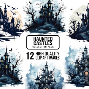 Watercolor Haunted Castle Clipart: Spooky Halloween Graphics (PNG, Commercial Use)