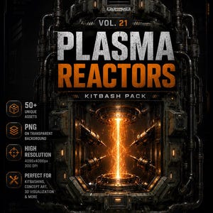Peut inclure: Un pack d'actifs numériques intitulé VOL. 21 PLASMA REACTORS KITBASH PACK présentant un cœur d'énergie plasma orange brillant enfermé dans une structure mécanique sombre avec des tuyaux, incluant 50+ actifs uniques en résolution 4096x4096px.