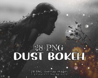 May include: A set of 28 PNG overlay images with a transparent background. The images feature a variety of dust and bokeh effects in shades of gold, brown, and white. The text "28 PNG DUST BOKEH" is displayed in the center of the image.
