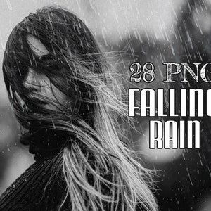 Op de afbeelding: Een zwart-witfoto van een vrouw met lang haar die in de regen staat. De tekst "28 PNG FALLING RAIN" is over de afbeelding gelegd.