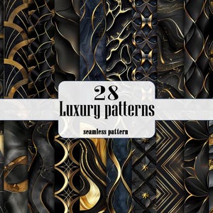 May include: A collection of 28 luxury seamless patterns in black, gold, and navy blue. The patterns feature a variety of abstract designs, including geometric shapes, swirls, and organic forms. The text "28 Luxury patterns seamless pattern" is displayed on a white banner.