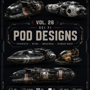 May include: A digital collection titled Vol. 26 Sci Fi Pod Designs featuring various spacecraft illustrations. The graphic displays multiple detailed vehicle concepts in dark, white, and yellow colour schemes with technical text and icons.