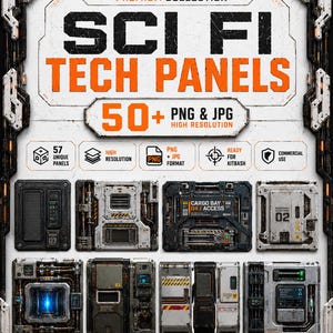 Könnte beinhalten: Eine digitale Sammlung von über 50 hochauflösenden Sci-Fi-Tech-Panels in PNG- und JPG-Formaten. Die Grafik zeigt den Text SCI FI TECH PANELS VOL.03 und präsentiert verschiedene industrielle, metallische und mechanische Panel-Designs.