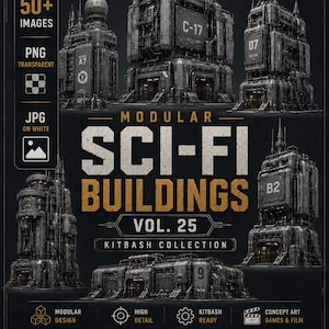Puede incluir: Una colección digital de edificios modulares de ciencia ficción con más de 50 imágenes en formatos PNG y JPG. El gráfico muestra varias estructuras metálicas de estilo industrial etiquetadas con códigos como C-17, 07 y B2, como recurso kitbash.