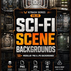 Puede incluir: Una colección digital titulada Kitbash Series Vol. 05 Sci-Fi Scene Backgrounds que incluye más de 50 archivos modulares en formato PNG y JPG. El gráfico muestra varios diseños de pasillos industriales con texturas metálicas y detalles en naranja.