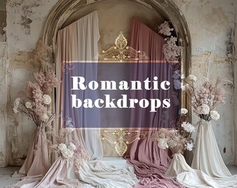 May include: A collection of 28 high-resolution images featuring romantic backdrops with flowing fabric and floral arrangements. The backdrops are in shades of pink, beige, and white, creating a soft and elegant aesthetic.