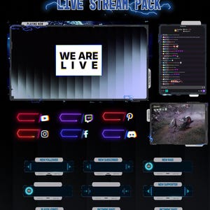 May include: A digital graphic for live streaming, featuring a dark background with neon blue accents. The design includes a main display with "WE ARE LIVE" text, social media icons, and alert boxes for new followers, subscribers, and raids. The overall theme is tech and gaming.