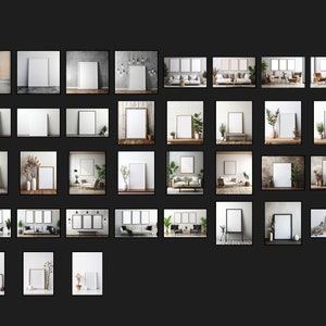 May include: A collection of 30 different mockups of framed artwork in various styles and settings. The frames are all empty and ready for your design.