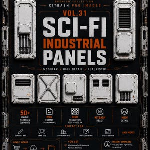 Op de afbeelding: Een digitale collectie van 50+ sci-fi industriële panelen in PNG-formaat. De afbeelding toont diverse witte, verweerde, modulaire rechthoekige panelen met mechanische details, ventilatieopeningen en leidingen op een donkere achtergrond.