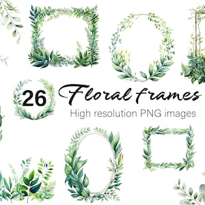 Watercolor Greenery Frames Clipart: Eucalyptus, Foliage (PNG Digital Download)