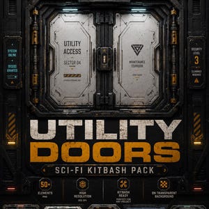 Pode incluir: Um gráfico digital apresentando um design de porta utilitária de ficção científica metálica com o texto VOL. 7, UTILITY ACCESS SECTOR 04, MAINTENANCE CORRIDOR e UTILITY DOORS SCI-FI KITBASH PACK. A moldura industrial escura inclui faixas de perigo amarelas.