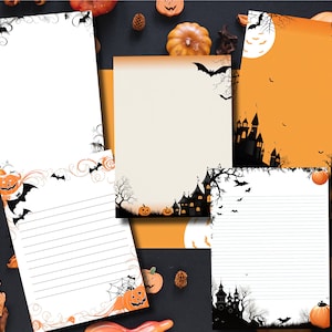 Papelería de Halloween, Cartas de Halloween imprimibles, Cartas forradas y sin forrar, Plantilla de escritura creativa, Correspondencia espeluznante, Naranja negro