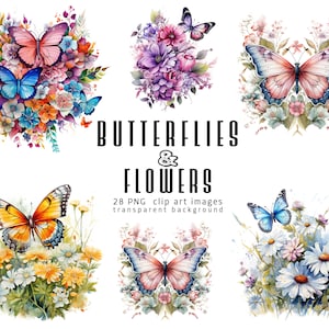 Clipart papillon mignon, illustrations de papillons aquarelles, papillons et fleurs, PNG sur fond transparent, dessins de scrapbooking