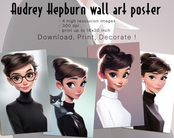 Audrey Hepburn poster, Caricature art, Audrey Hepburn gifts, Retro poster, Old Hollywood, Digital caricature, Set of 4 Audrey Hepburn prints