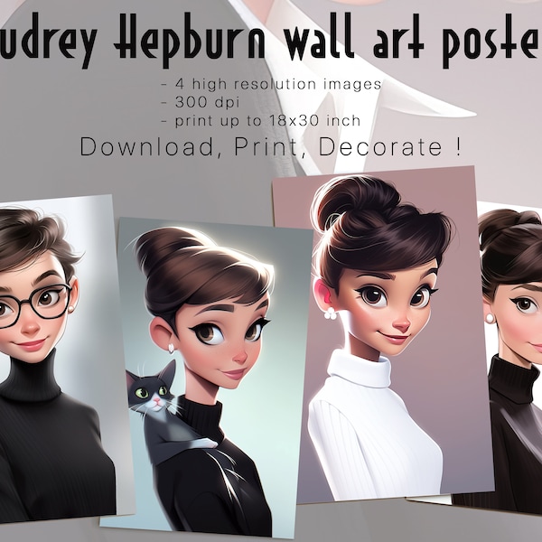 Audrey Hepburn poster, Caricature art, Audrey Hepburn gifts, Retro poster, Old Hollywood, Digital caricature, Set of 4 Audrey Hepburn prints