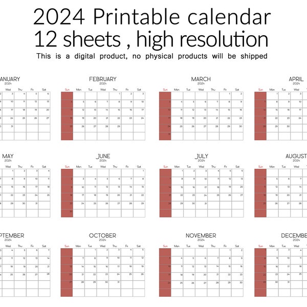 Joli calendrier 2024 à imprimer, planificateur de mois en un coup d'oeil, modèle de calendrier de rendez-vous, calendrier de 12 mois, calendrier mensuel 2024.