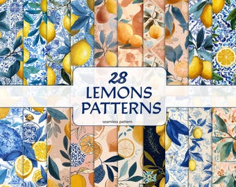 28 Lemon Seamless Patterns: Citrus Tileable Designs (Digital Download)