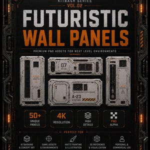 Könnte beinhalten: Eine digitale Asset-Sammlung mit dem Titel Kitbash Series Vol. 02 Futuristic Wall Panels, die weiße rechteckige Paneele mit industriellen Markierungen, Sektornummern und Warnhinweisen auf einem dunklen Hintergrund mit orangefarbenem Text zeigt.