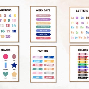 6 kinderen leren afdrukbaar, leuk ABC, cijfers, kleuren, vormen en dagen, educatieve muurkunst, thuisonderwijs, kleuterschool, klaslokaal, digitaal product