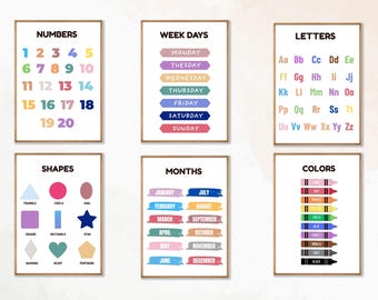 May include: Six framed educational posters with colorful text. The posters display numbers 1-20, days of the week, the alphabet, shapes, months of the year, and a color chart with crayons.