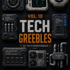Könnte beinhalten: Eine Sammlung von Sci-Fi-Kitbash-Modulen mit dem Titel Tech Greebles Vol. 10, die industrielle Komponenten wie eine Docking-Steuerung, einen medizinischen Scanner, einen Sensor-Pod, einen Sauerstoff-Prozessor, Elektronik-Schnittstellen und Rohrverbindungen zeigt.