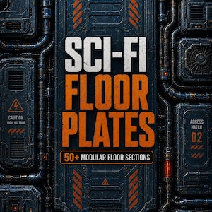 Puede incluir: Un gráfico digital que muestra placas de suelo de ciencia ficción metálicas oscuras con tuberías intrincadas y texturas industriales. El texto dice VOL. 9, SCI-FI FLOOR PLATES, 50+ MODULAR FLOOR SECTIONS, CAUTION HIGH VOLTAGE, ACCESS HATCH 02, PNG + JPG, 300 DPI, COMMERCIAL USE.