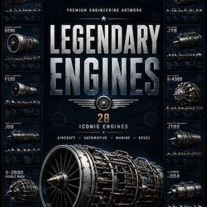 May include: A dark blue poster titled LEGENDARY ENGINES featuring 28 iconic engines from aircraft, automotive, marine, and space sectors. The central graphic displays a large jet turbine engine surrounded by smaller technical illustrations of various engines.