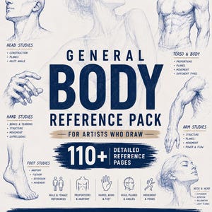 以下が含まれることがあります： General Body Reference Pack for Artists Who Drawというタイトルのデジタルリファレンスガイド。頭部、胴体、手、腕、足の解剖学的研究を含む青いインクのスケッチが描かれており、110ページ以上の詳細なリファレンスページと様々なアイコンが含まれています。