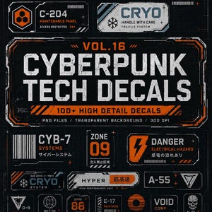 Peut inclure: Une collection de décalcomanies numériques sur le thème cyberpunk avec divers panneaux d'avertissement industriels, étiquettes techniques et symboles de danger en orange, blanc et noir. Le texte inclut 'CYBERPUNK TECH DECALS', 'VOL.16', 'WARNING', 'DANGER', 'CRYO' et 'VOID CORP'.