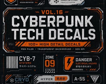 Pode incluir: Uma coleção de decalques digitais com tema cyberpunk, apresentando vários sinais de aviso industriais, etiquetas técnicas e símbolos de perigo em laranja, branco e preto. O texto inclui 'CYBERPUNK TECH DECALS', 'VOL.16', 'WARNING', 'DANGER', 'CRYO' e 'VOID CORP'.
