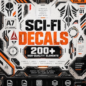 Könnte beinhalten: Ein digitales Design-Asset-Paket mit dem Titel SCI-FI DECALS VOL. 38, das über 200 hochwertige Elemente wie Symbole, Etiketten, Zahlen, Paneele, Warnhinweise, Streifen und Logos enthält. Die Grafik verwendet ein weißes, schwarzes und oranges Farbschema.
