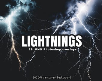 28 Realistic Lightning Overlays: Transparent PNG Effects (Digital Download)